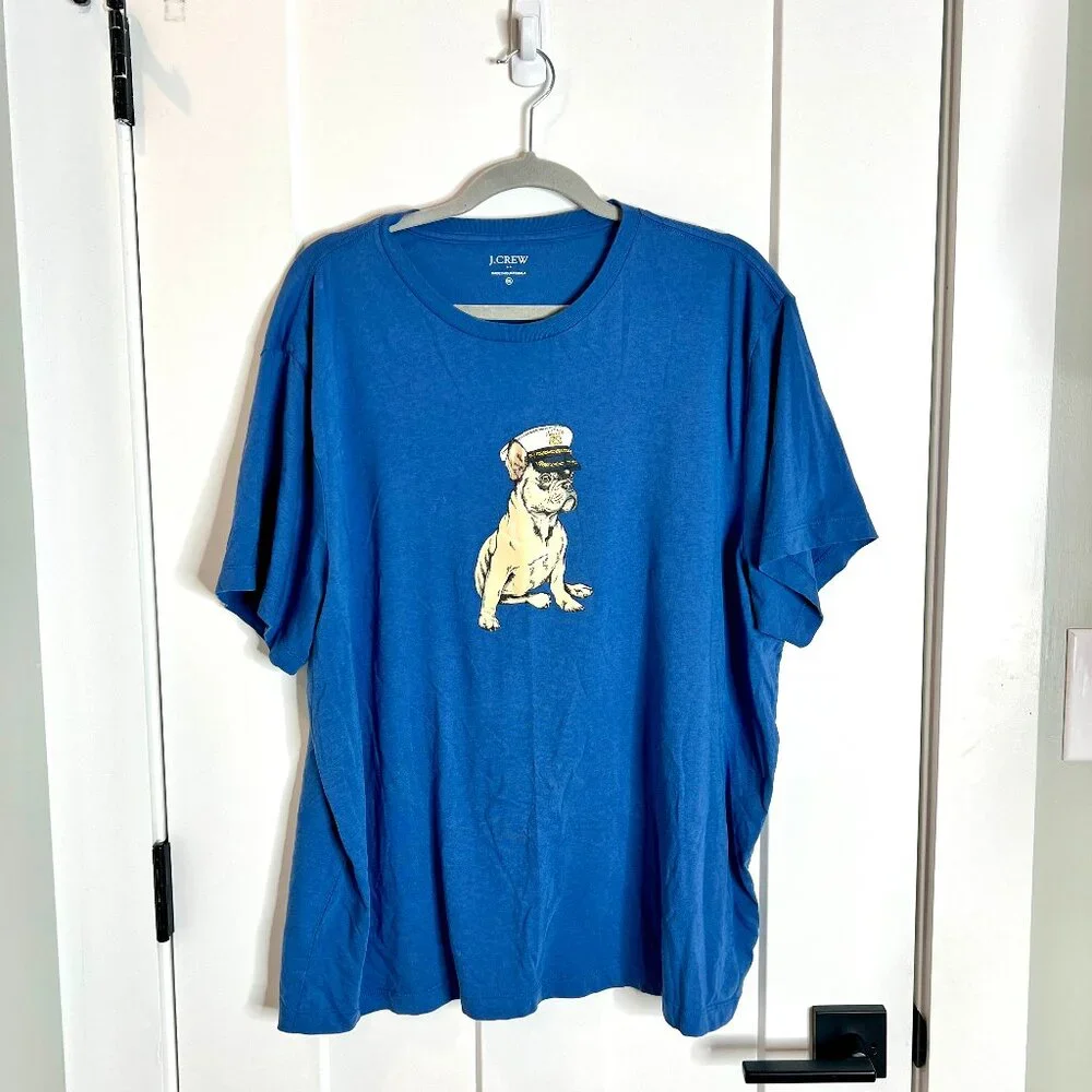 J. Crew Blue French Bulldog Sailor Novelty Print Tee Shirt Short Sleeve XXL